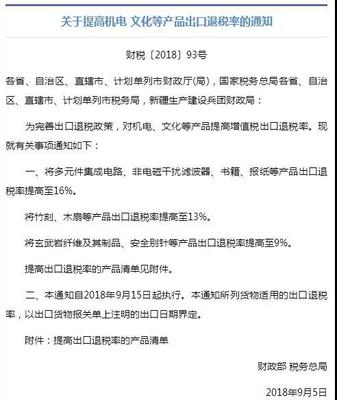 財(cái)政部上調(diào)機(jī)電、文化產(chǎn)品出口退稅率，助力外貿(mào)企業(yè)降本增效